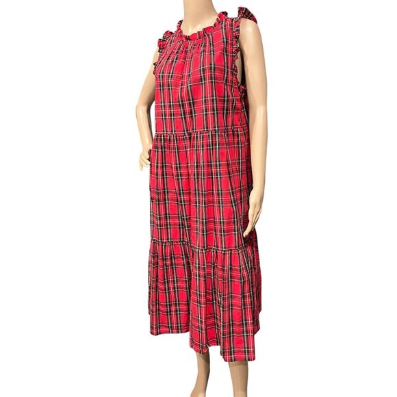 J CREW NWOT BC706 Holiday Trendy RED Tartan Plaid Tiered Ruffle Midi Dress Sz 12 - Picture 6 of 11
